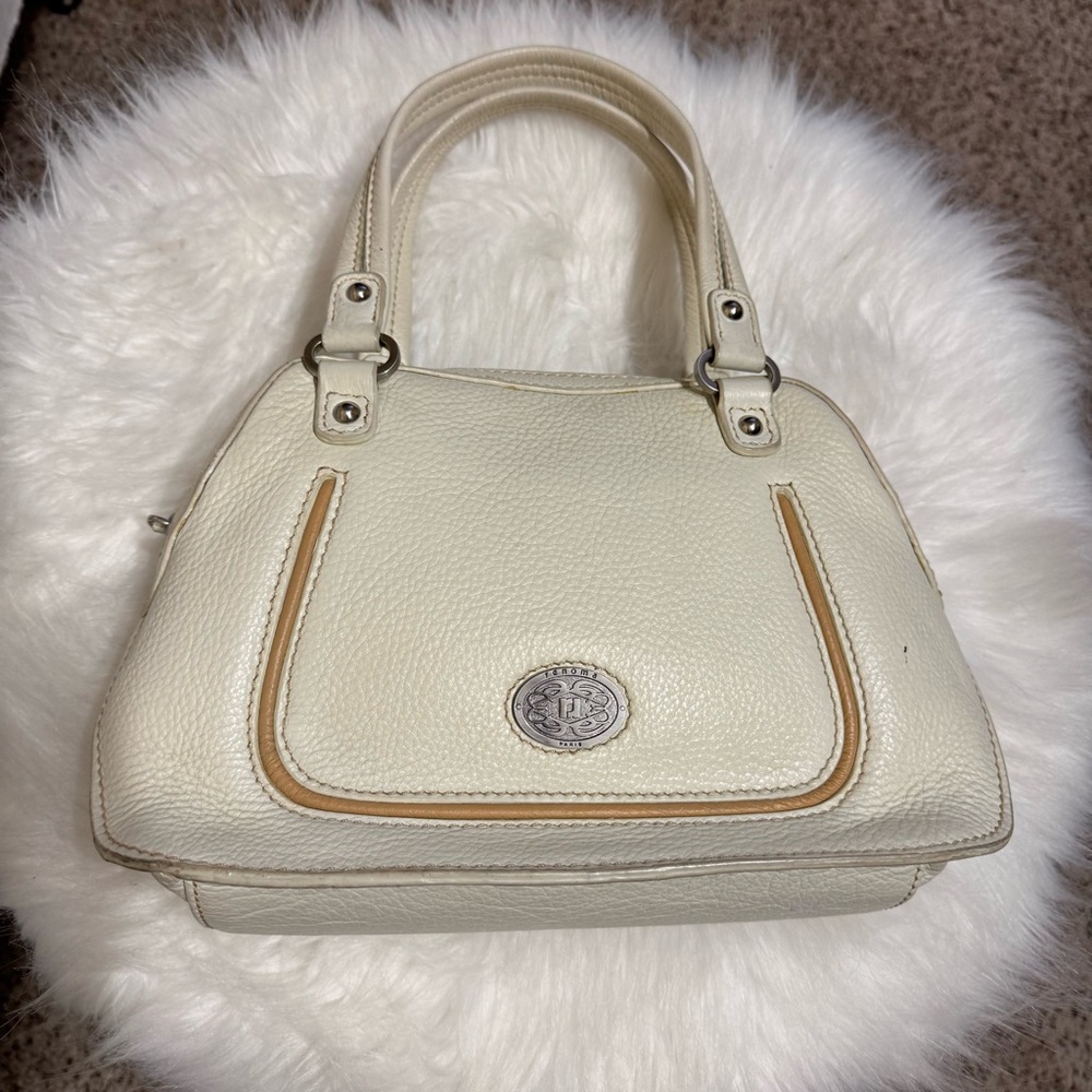 Cream Satchel with Textured Leather and Structured Shape